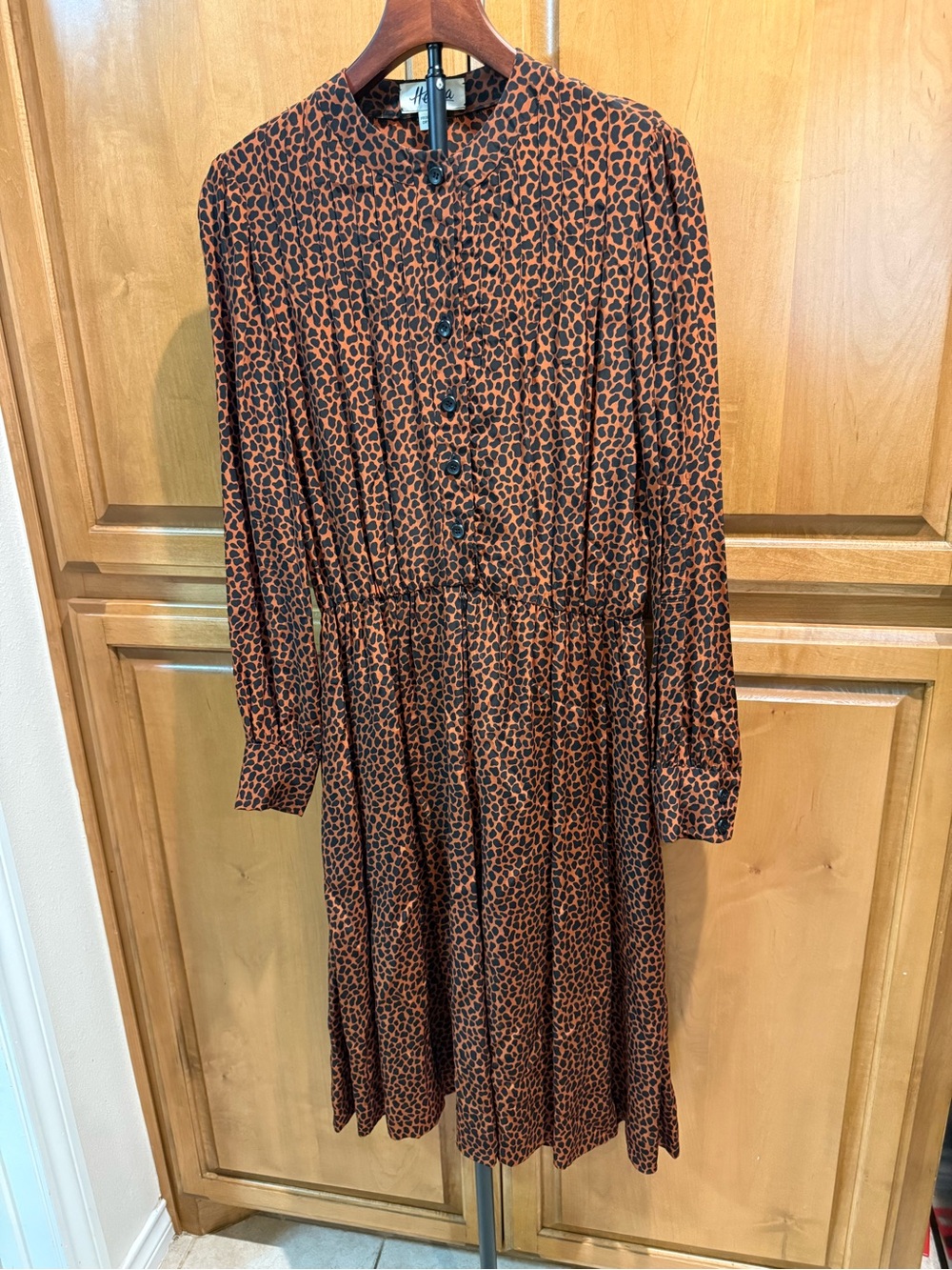 Vintage Helga Women's Long Sleeve Rust Leopard Print Midi Dress